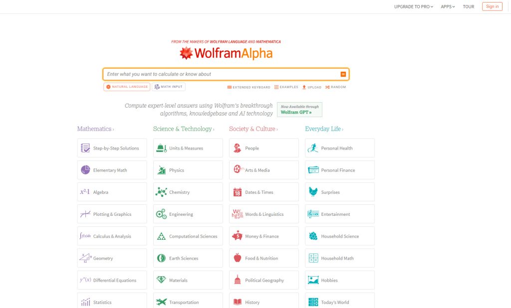 wolframalpha hakukoneen etusivu